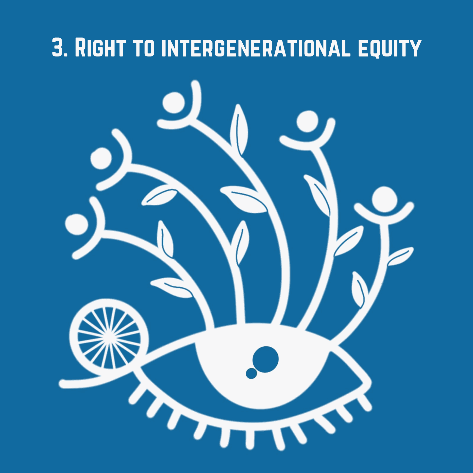 A stylized eye with plant-like structures growing from it, each with a human figure at the end, symbolizing intergenerational equity.
