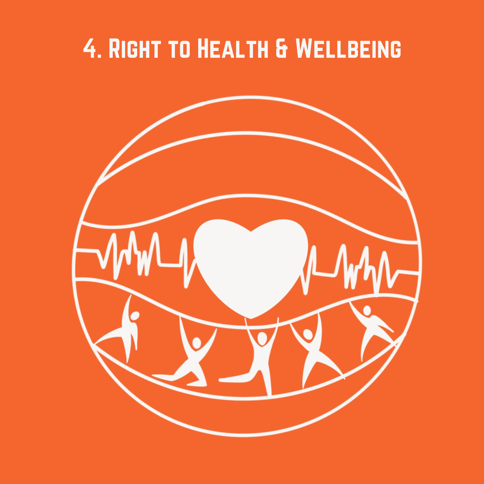 A globe with a heart at its center, surrounded by human figures reaching upwards, symbolizing the right to health and wellbeing.