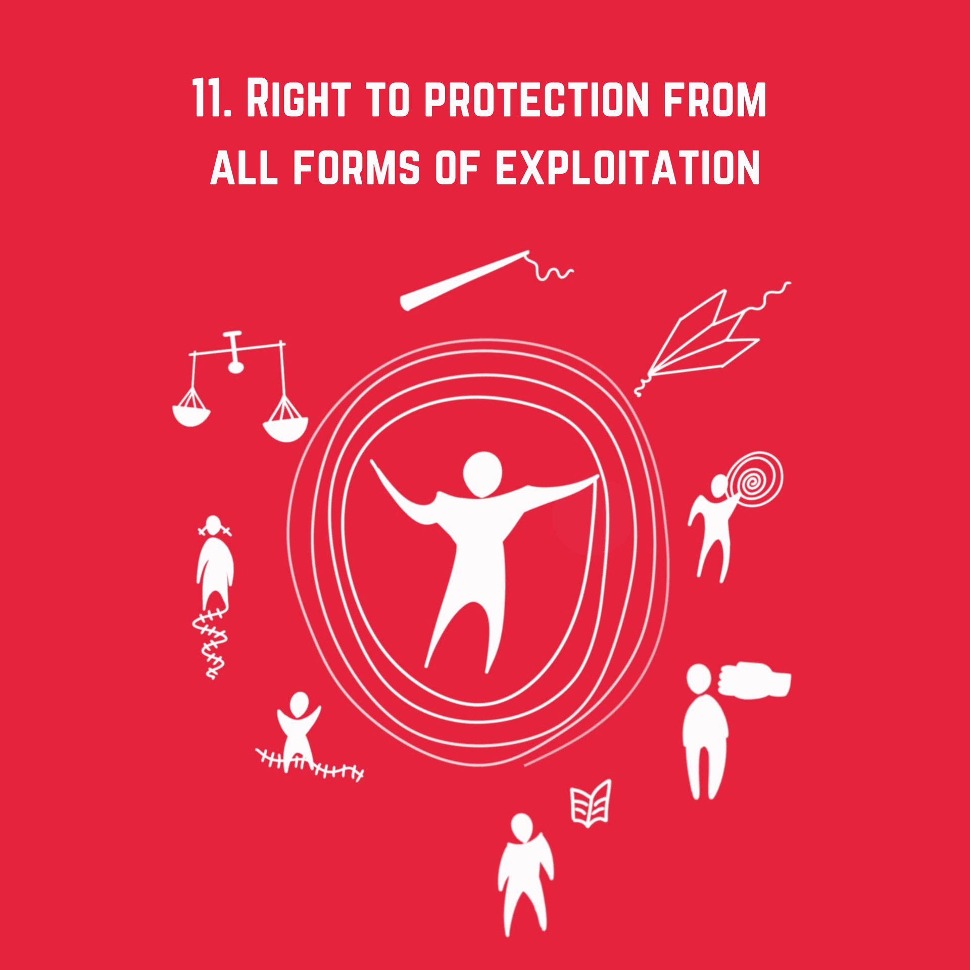 A person surrounded by symbols of different forms of exploitation, symbolizing the right to protection from all forms of exploitation.