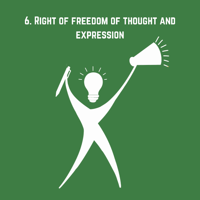 A person holding a pen and a megaphone, with a light bulb above their head, symbolizing the right to freedom of thought and expression.