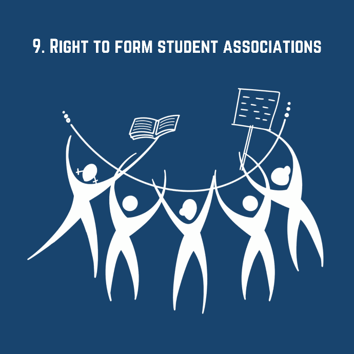 A group of people holding hands in a circle, with a book and a music stand above them, symbolizing the right to form student associations.